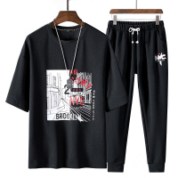 俞兆林(YUZHAOLIN)t恤半袖夏季潮流ins休闲运动两件套装潮牌九分裤男装