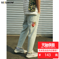 viishow牛仔裤男 潮牌须边夏季长裤宽松男士休闲裤子