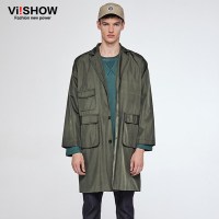 VIISHOW潮牌秋季中长款风衣青年韩版宽松休闲外套军绿色