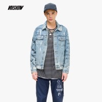 viishow2019春季新款牛仔夹克男 潮牌男士方领外套韩版印花做旧