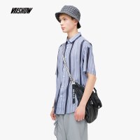 viishow2019夏季新款短袖衬衫男 日系竖条纹男士方领衬衣休闲上衣