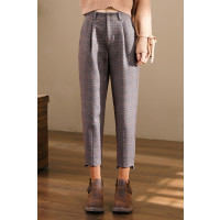 轩兹休闲裤女2018冬季韩版宽松毛呢哈伦裤加厚高腰格子裤子潮