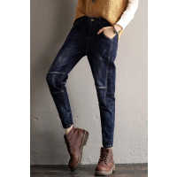 轩兹加绒牛仔裤哈伦裤束脚裤女2018韩版新款拼接高腰宽松小脚长裤