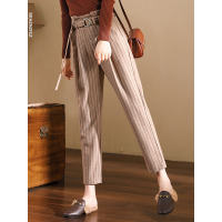 轩兹休闲裤女毛呢裤2018秋冬韩版宽松高腰显瘦条纹九分哈伦裤