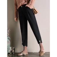 轩兹毛呢裤女休闲裤2018秋冬新款韩版宽松米色加厚九分裤哈伦裤子