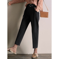 轩兹休闲毛呢裤女秋冬2018新款韩版宽松高腰米色九分哈伦萝卜裤子