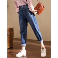 轩兹牛仔裤女2018冬季韩版宽松显瘦哈伦裤加绒加厚九分萝卜裤