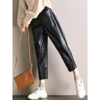 轩兹休闲裤女2018秋冬新款PU韩版宽松显瘦哈伦裤高腰九分烟筒裤潮