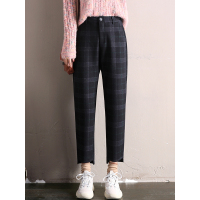 轩兹毛呢哈伦裤女2018冬季新款韩版宽松休闲裤港味复古九分格子裤