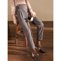 轩兹哈伦裤女毛呢裤2018秋冬新款韩版宽松格子高腰花苞休闲九分裤