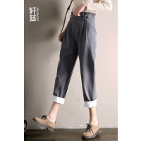 轩兹休闲哈伦裤女宽松2019春秋新款韩版花苞高腰翻边九分西装裤子
