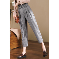 轩兹花苞裤女高腰哈伦裤2019春季新款韩版九分格子裤潮