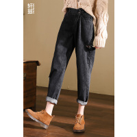 轩兹哈伦牛仔裤女2019春季新款韩版宽松高腰破洞萝卜裤九分老爹裤