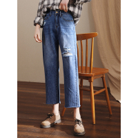 轩兹牛仔直筒裤女2019春秋新款韩版高腰显瘦破洞毛边九分阔腿裤潮