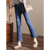 轩兹喇叭牛仔裤女2019春季新款韩版修身显瘦九分裤毛边破洞微喇裤