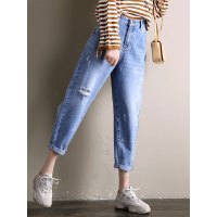 轩兹破洞牛仔裤女哈伦2019春季新款韩版宽松萝卜裤高腰显瘦老爹裤