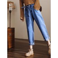 轩兹哈伦牛仔裤女宽松萝卜裤2019春季新款韩版高腰毛边九分老爹裤 腰部绑带 双扣 裤脚毛边