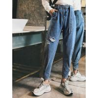轩兹浅色破洞牛仔裤女春秋新款哈伦长裤宽松束脚萝卜裤复古高腰老爹裤