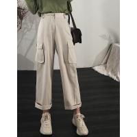 法式工装裤女宽松高腰阔腿嘻哈翻边九分裤2019春季新款帅气休闲裤