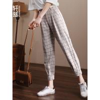 轩兹休闲裤女宽松2019春秋新款高腰显瘦哈伦裤港味复古格子九分裤