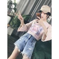 轩兹粉色条纹T恤女夏新款圆领宽松打底衫时尚图案印花七分短袖潮