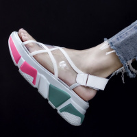 格瑞迪欧 2018夏季新款欧美透明松糕跟厚底凉鞋拼色百搭防水台女鞋潮鞋8728