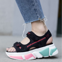 格瑞迪欧 2018年夏季新款真皮凉鞋子拼色露趾网布松糕底chic网红复古女士鞋8729