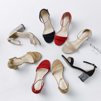 格瑞迪欧 2018新款韩版真皮一字带粗跟凉鞋女夏百搭绒面裸色罗马露趾高跟鞋M3-559