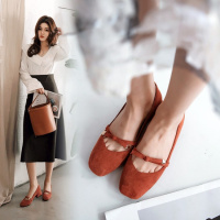 格瑞迪欧 2018春季新品羊皮小香风蝴蝶结低跟浅口方头鞋红色复古绒面女单鞋子M3-71