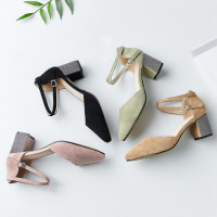 格瑞迪欧 尖头包头凉鞋女夏季2018新款韩版百搭一字扣高跟鞋女粗跟时尚性感M3-303