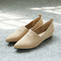 格瑞迪欧 韩版真皮内增高休闲单鞋2018秋尖头裸色平底鞋轻熟绒面通勤女鞋DX221