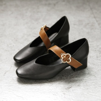 格瑞迪欧 方头单鞋女秋新品粗跟女鞋皮带扣真皮工作鞋中跟单鞋浅口玛丽珍鞋DX251