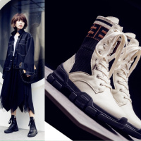 格瑞迪欧 2018秋冬新款力针织毛线靴子厚底真皮中筒靴拼接系带马丁靴8772