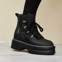 欧洲站2018秋冬新款真皮松糕皮带扣马丁靴女圆头铆钉厚底短靴女鞋8761