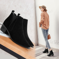 格瑞迪欧 2018秋冬欧美真皮时尚短筒尖头粗跟切尔西靴舒适百搭真皮短靴M1-51