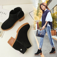 格瑞迪欧 秋冬圆头真皮短靴中跟马丁靴牛皮粗跟黑色后拉链磨砂皮休闲女靴子M1-39