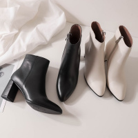 格瑞迪欧 里外全皮 真皮2018秋冬尖头百搭短靴女粗跟高跟马丁靴大码及踝靴874