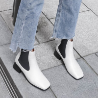 格瑞迪欧 低跟短靴 冬季靴青年套筒方头牛皮拼接松紧切尔西靴时尚短筒女靴871