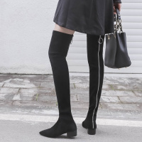 格瑞迪欧 过漆长靴女秋冬2018新款韩版高筒靴粗跟弹力瘦瘦靴前拉链长筒靴子875