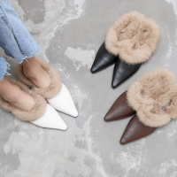 格瑞迪欧 包头半拖鞋女2018新款韩版百搭外穿英伦复古水貂毛懒人平底穆勒鞋850