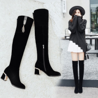 格瑞迪欧 2018秋冬真皮过膝靴小粗跟尖头显瘦长靴中跟平底高筒靴百搭瘦瘦靴N2362