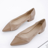 格瑞迪欧 2019春季真皮平底鞋单鞋女鞋尖头浅口拼色居家船鞋休闲鞋杏色D2