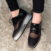 格瑞迪欧 2019春季真皮高跟厚底深口单鞋女方头系带镂空猪皮内里黑色休闲鞋812