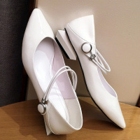 格瑞迪欧 纯色素面全一字带细跟高跟尖头浅口女士单鞋皮鞋低帮鞋S6