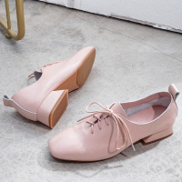格瑞迪欧 2019春秋新款单鞋女方头粗跟低跟系带小清新粉色全真皮透气小皮鞋01