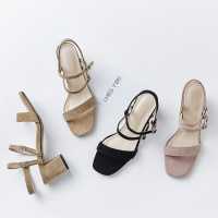 格瑞迪欧 韩版新款夏季韩版粗跟一鞋两穿真皮套脚一字带露趾羊皮凉鞋女3-572