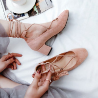 格瑞迪欧 小清新高跟鞋少女2019新款粗跟尖头春秋中跟交叉绑带大小码单鞋女3-35