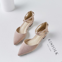 格瑞迪欧 绒面低跟春夏女鞋粗跟包头凉鞋女夏一字扣尖头平底鞋中空大码凉鞋3-352