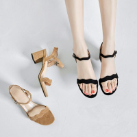 格瑞迪欧 真皮鞋垫淑女凉鞋粗跟中跟女鞋一字扣带罗马鞋2019夏绒面凉鞋大码3-515