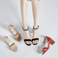 格瑞迪欧 2019春夏新款纯色绒面一字带女式凉鞋时尚搭扣方头粗跟网红凉鞋女3-509